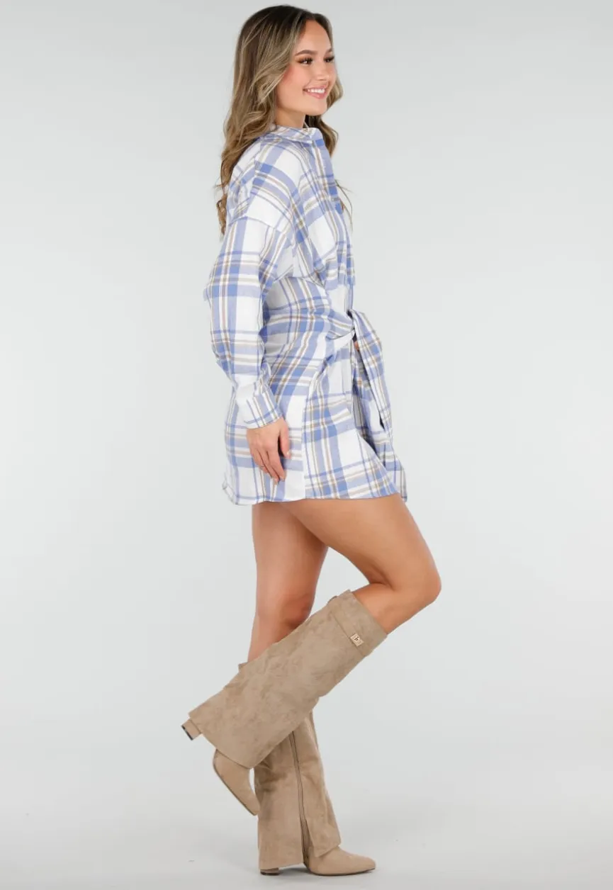 Blauw Geruite Blouse Jurk met Strikmouwen