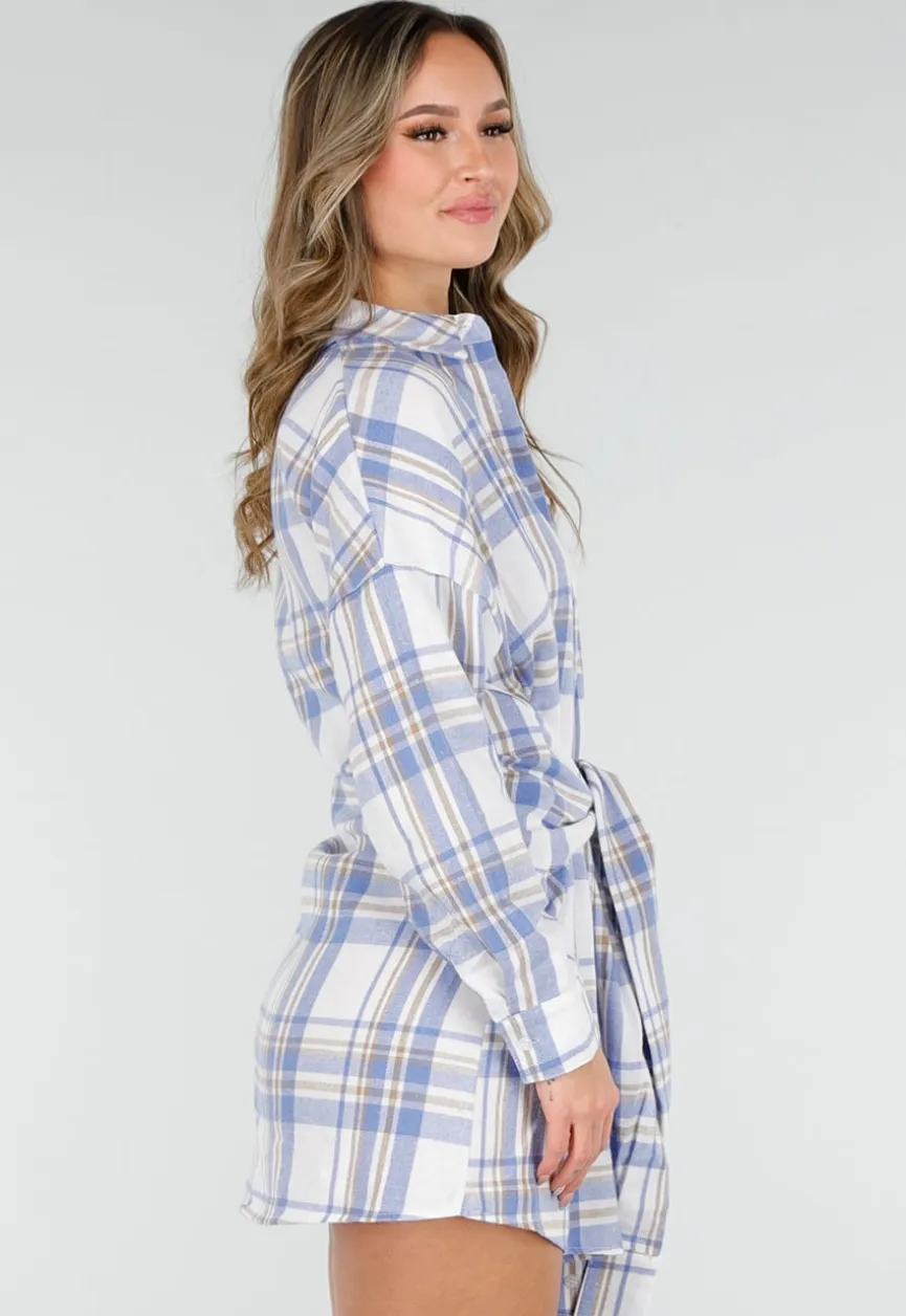 Blauw Geruite Blouse Jurk met Strikmouwen