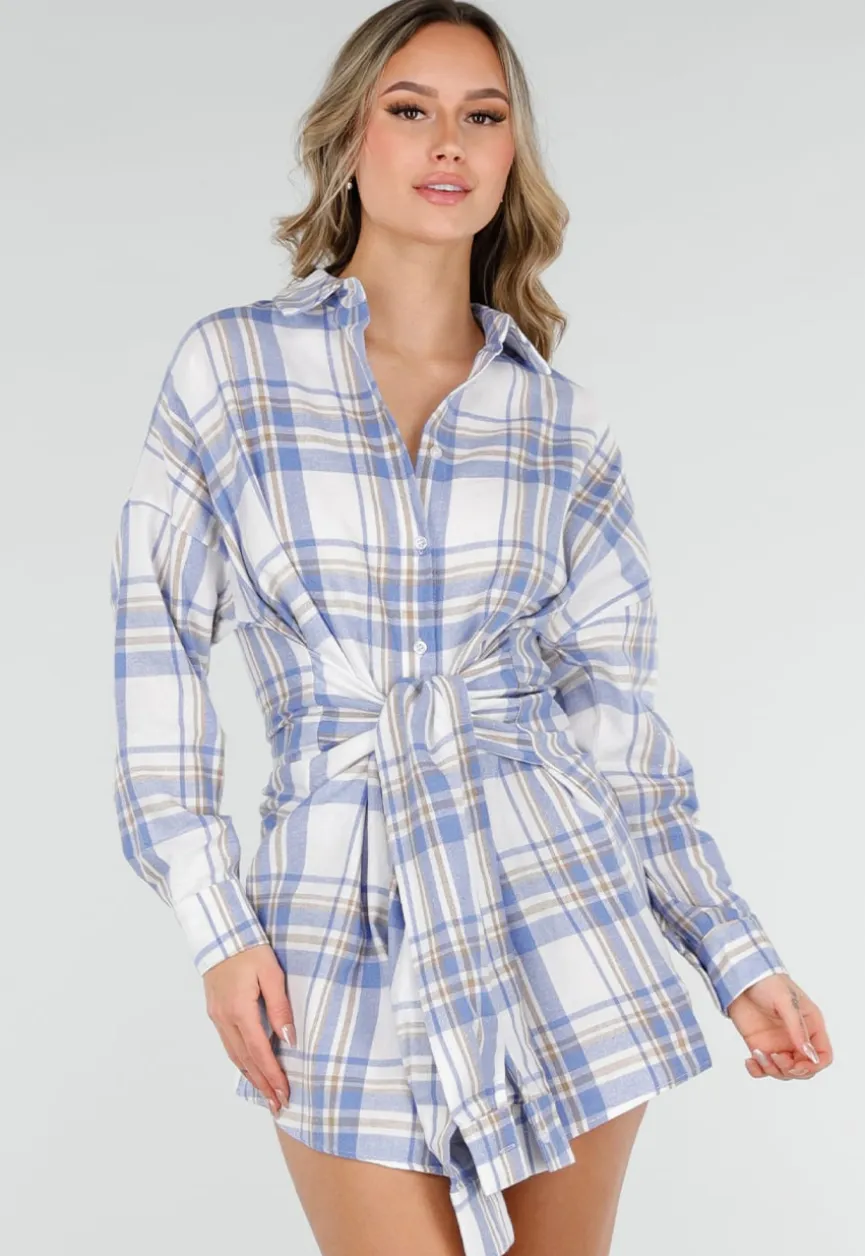 Blauw Geruite Blouse Jurk met Strikmouwen