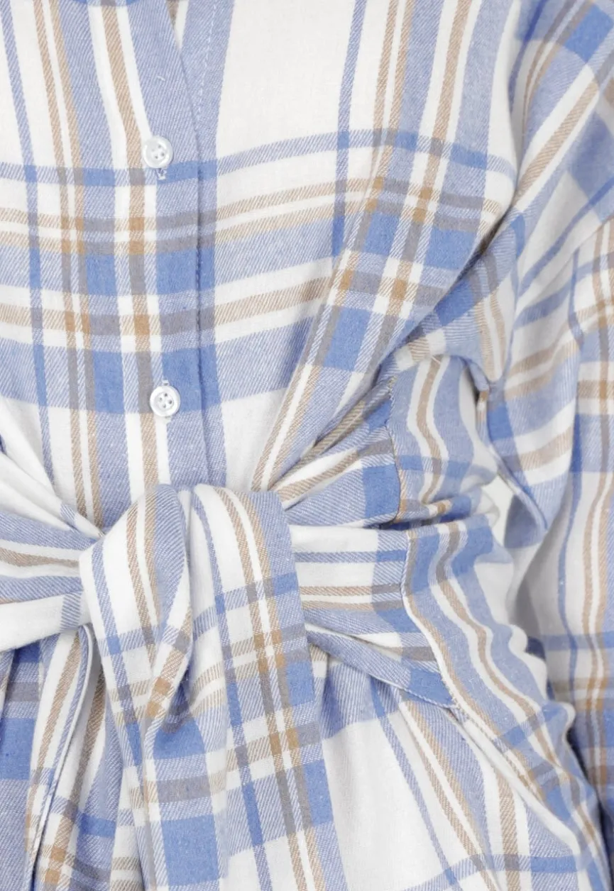 Blauw Geruite Blouse Jurk met Strikmouwen