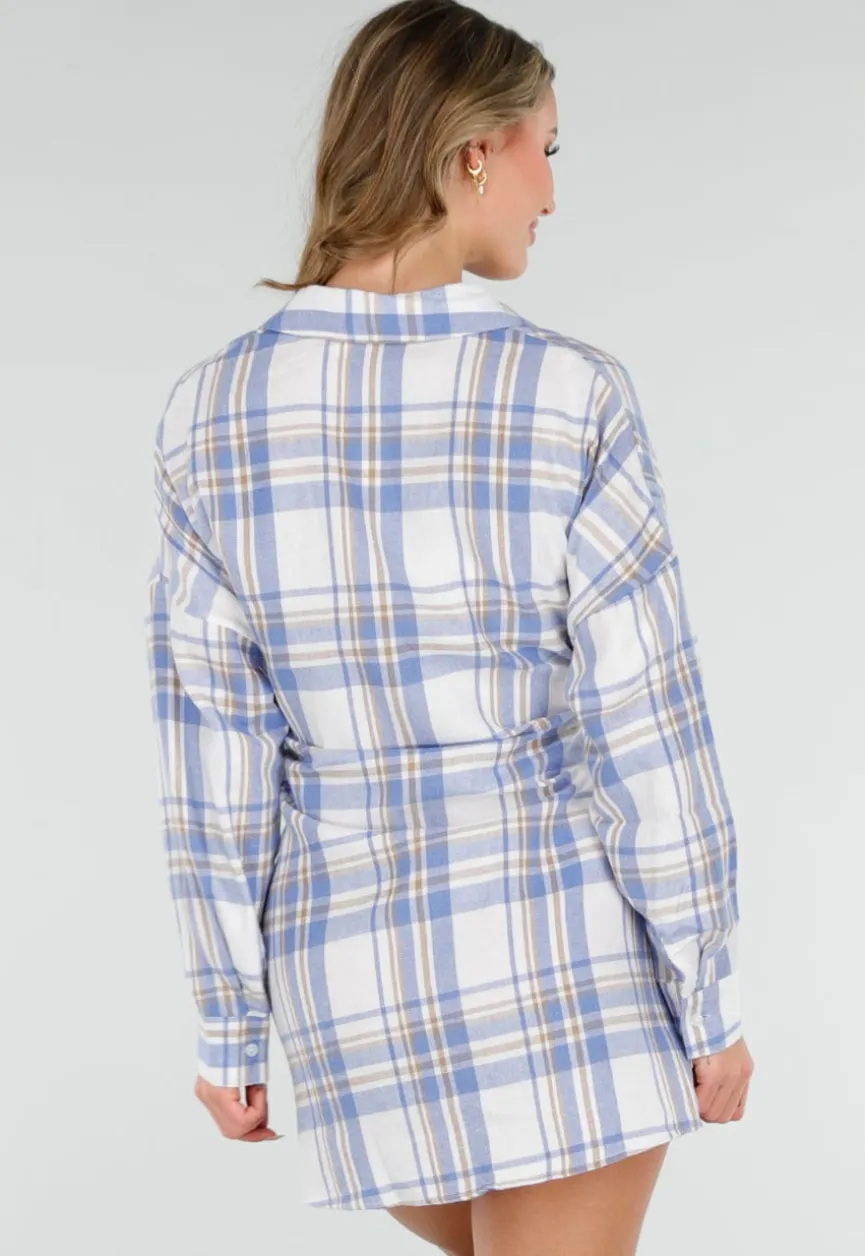 Blauw Geruite Blouse Jurk met Strikmouwen
