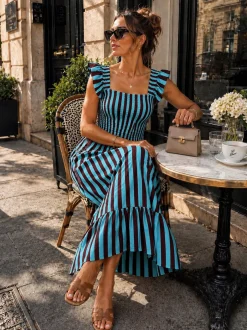 Blauw Gestreepte Midi Jurk met Smockdetail en Ruffle Mouwen