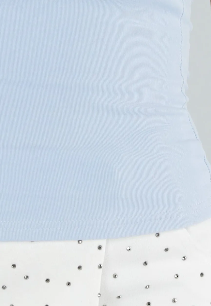 Blauw Hemd met Stretch, Stevige Cups en Vierkante Hals