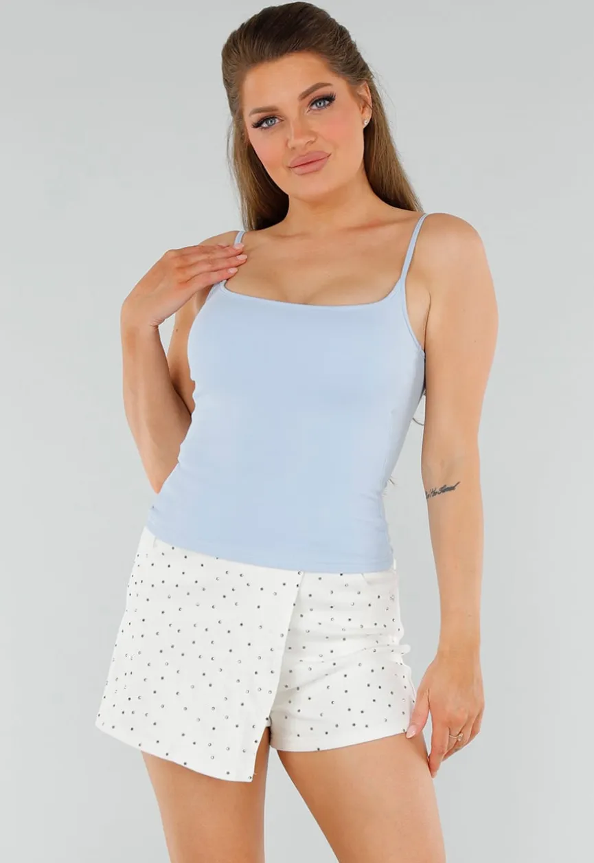 Blauw Hemd met Stretch, Stevige Cups en Vierkante Hals