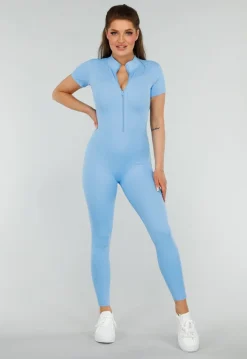 Blauw Kleurige Sport Jumpsuit met Korte Mouwen en Rits