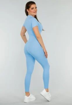 Blauw Kleurige Sport Jumpsuit met Korte Mouwen en Rits