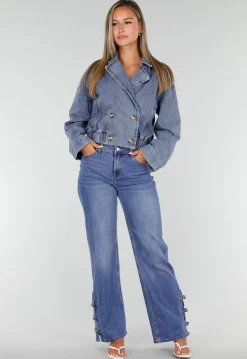 Blauw Kort Denim Jasje met Revers en Dubbele Knoopsluiting