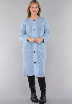 Blauw Oversized Gebreid Vest met Gouden Knopen