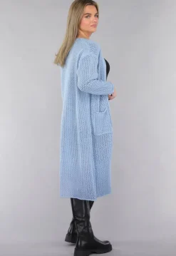 Blauw Oversized Gebreid Vest met Gouden Knopen