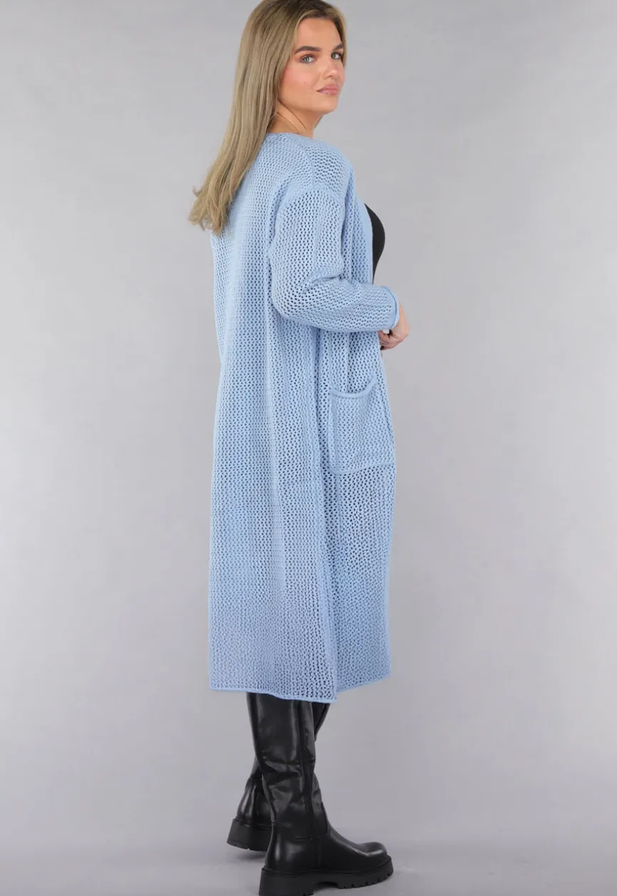 Blauw Oversized Gebreid Vest met Gouden Knopen