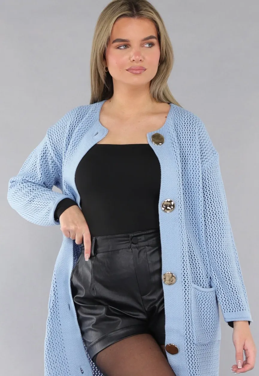 Blauw Oversized Gebreid Vest met Gouden Knopen