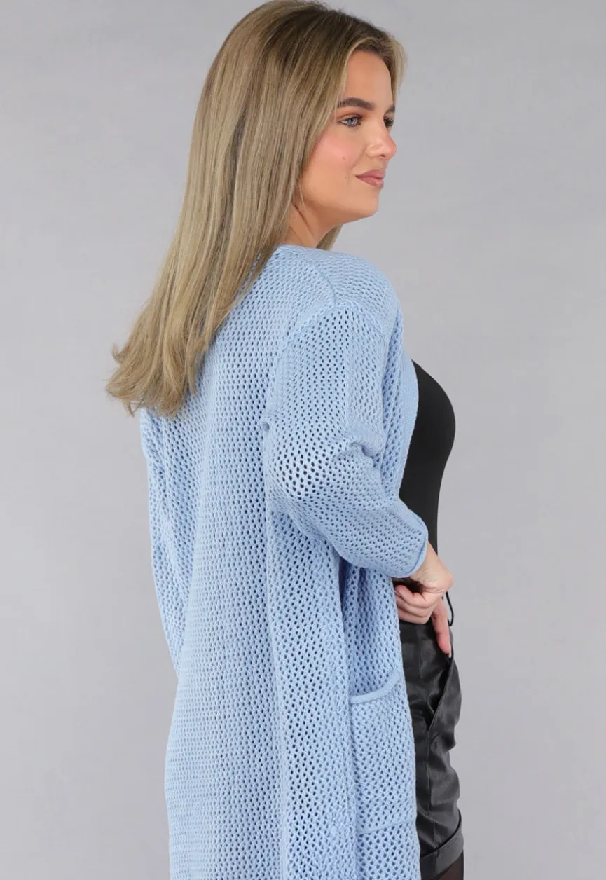 Blauw Oversized Gebreid Vest met Gouden Knopen