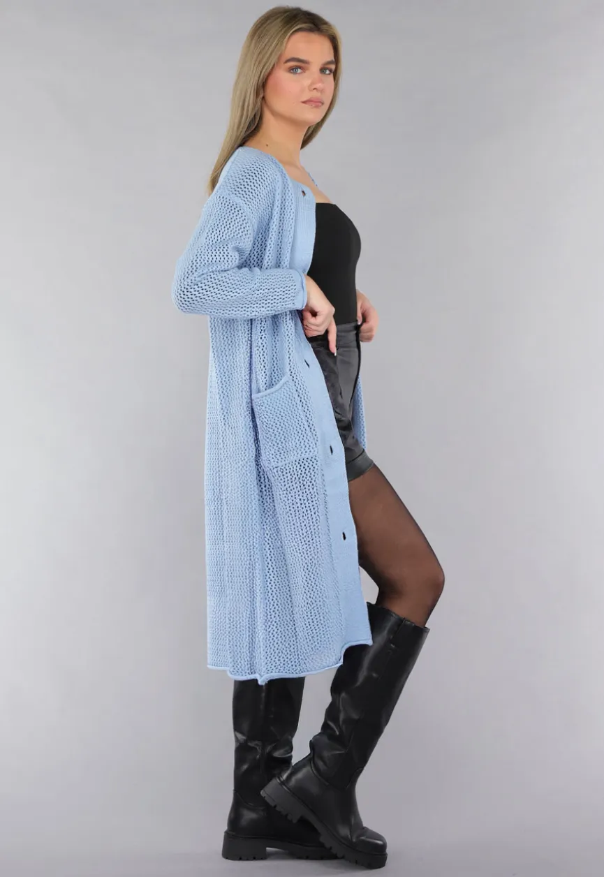 Blauw Oversized Gebreid Vest met Gouden Knopen