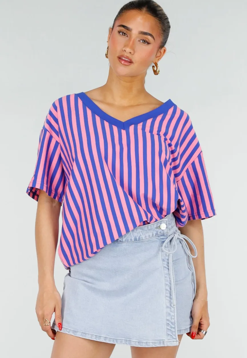 Blauw Roze Gestreepte Oversized T-shirt met V-hals
