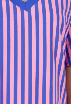 Blauw Roze Gestreepte Oversized T-shirt met V-hals