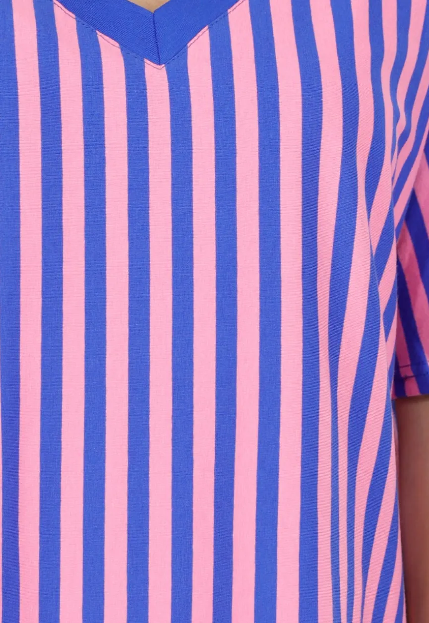 Blauw Roze Gestreepte Oversized T-shirt met V-hals