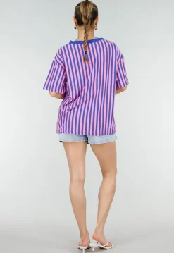 Blauw Roze Gestreepte Oversized T-shirt met V-hals