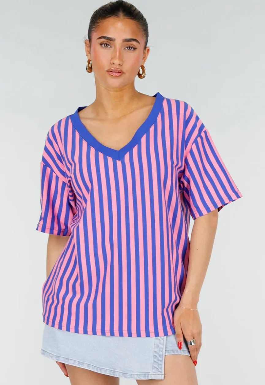 Blauw Roze Gestreepte Oversized T-shirt met V-hals