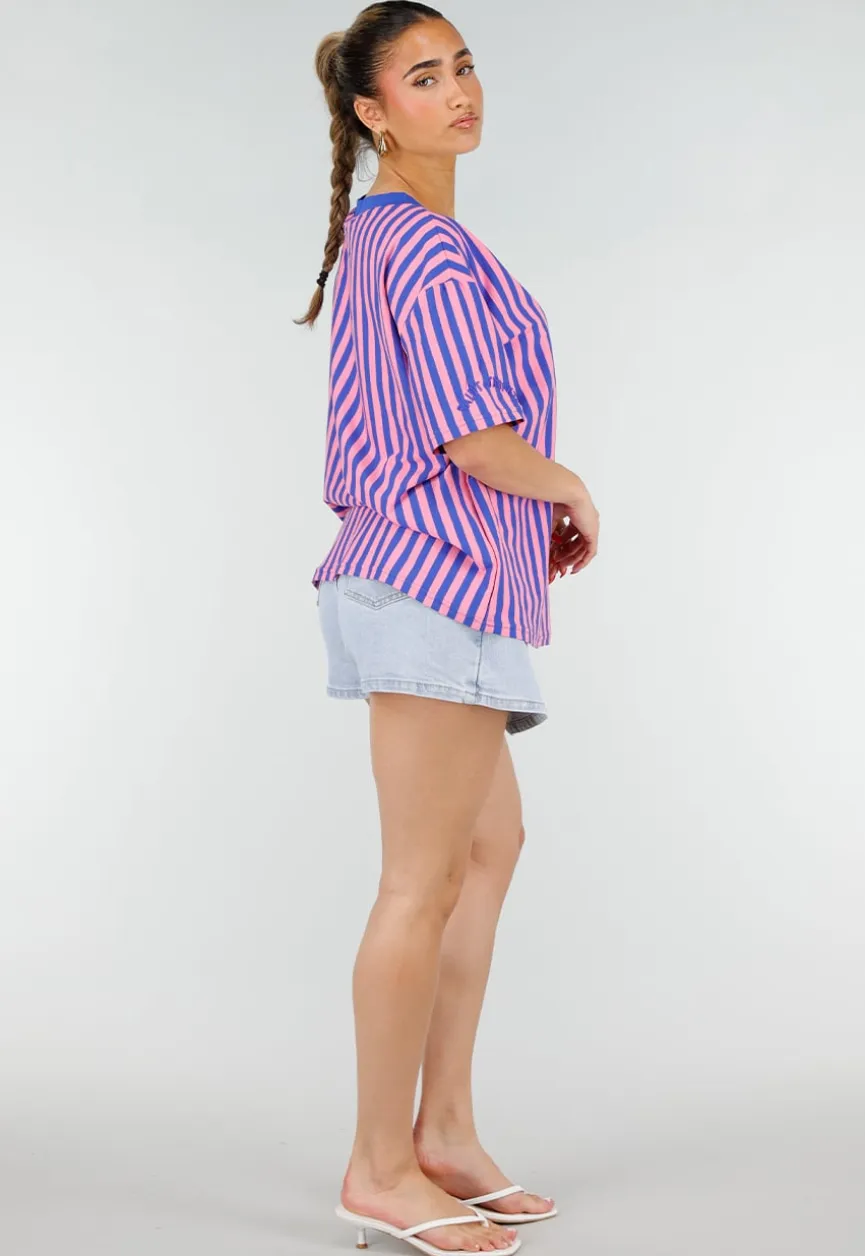 Blauw Roze Gestreepte Oversized T-shirt met V-hals