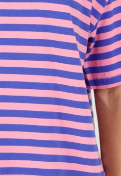 Blauw Roze Gestreept T-shirt met Korte Mouwen en Ronde Hals