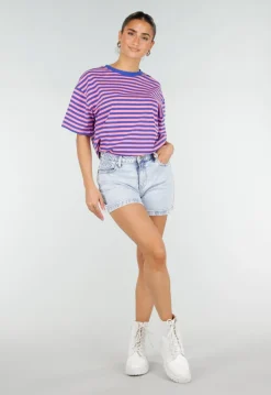 Blauw Roze Gestreept T-shirt met Korte Mouwen en Ronde Hals