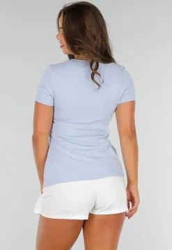 Blauw Stretch T-Shirt met Ronde Hals, Korte Mouwen en Splitdetail