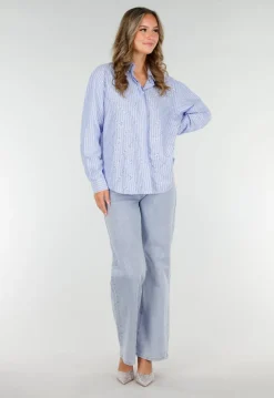 Blauw-Wit Gestreepte Blouse met Strass Steentjes
