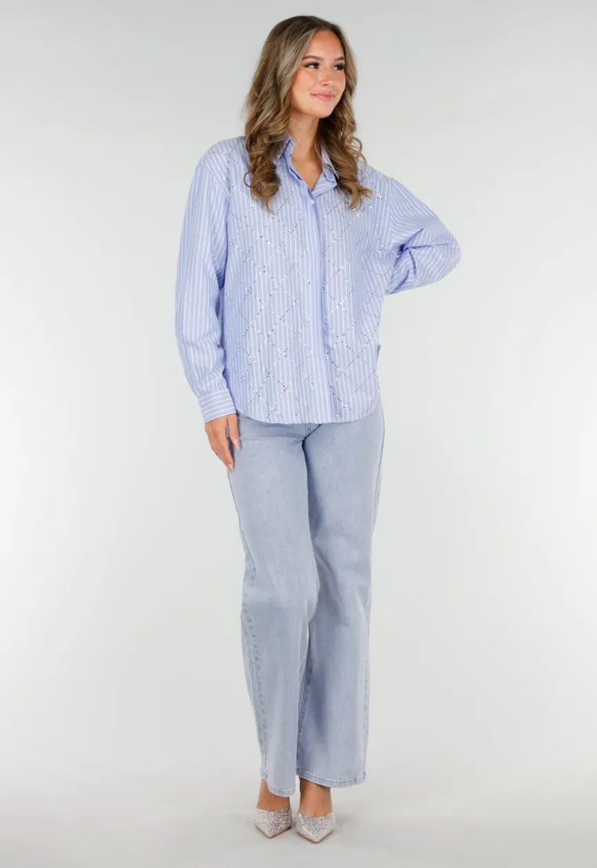 Blauw-Wit Gestreepte Blouse met Strass Steentjes