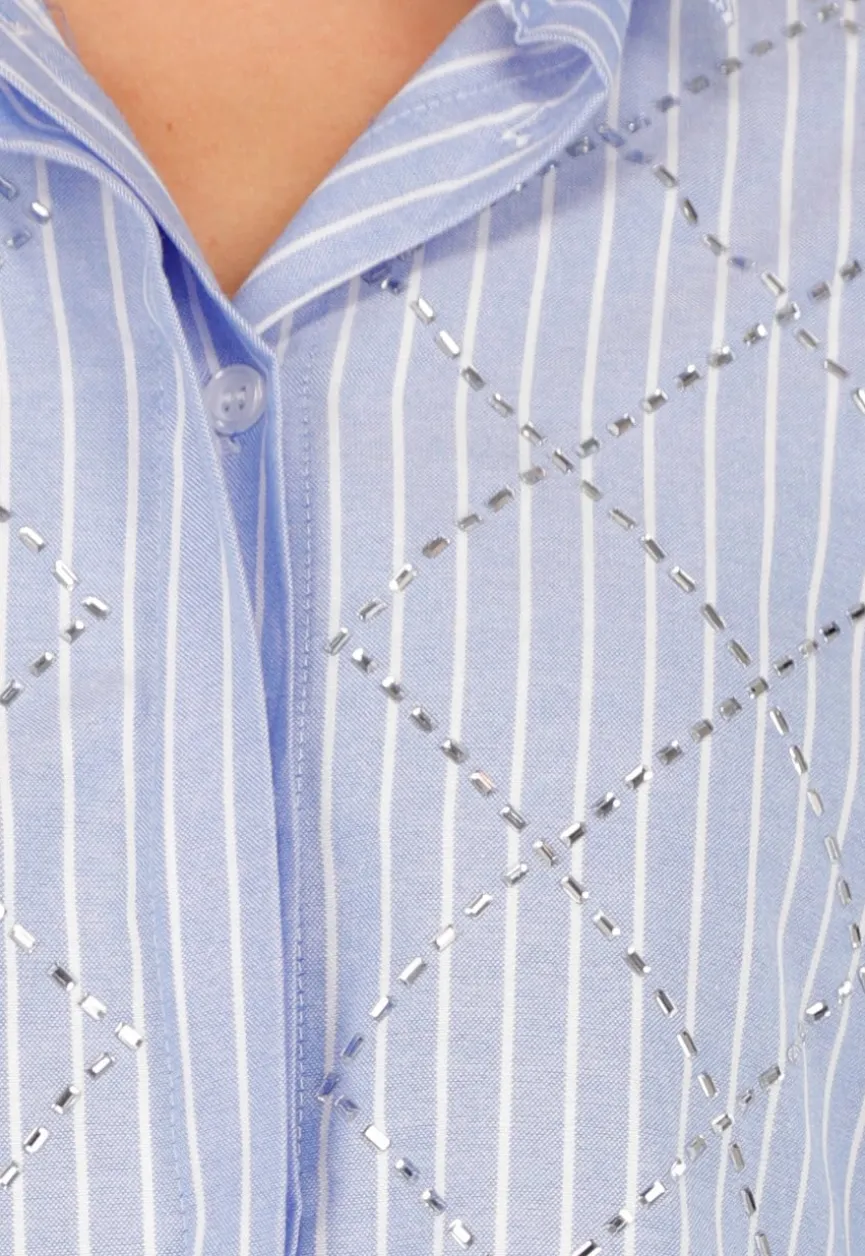 Blauw-Wit Gestreepte Blouse met Strass Steentjes