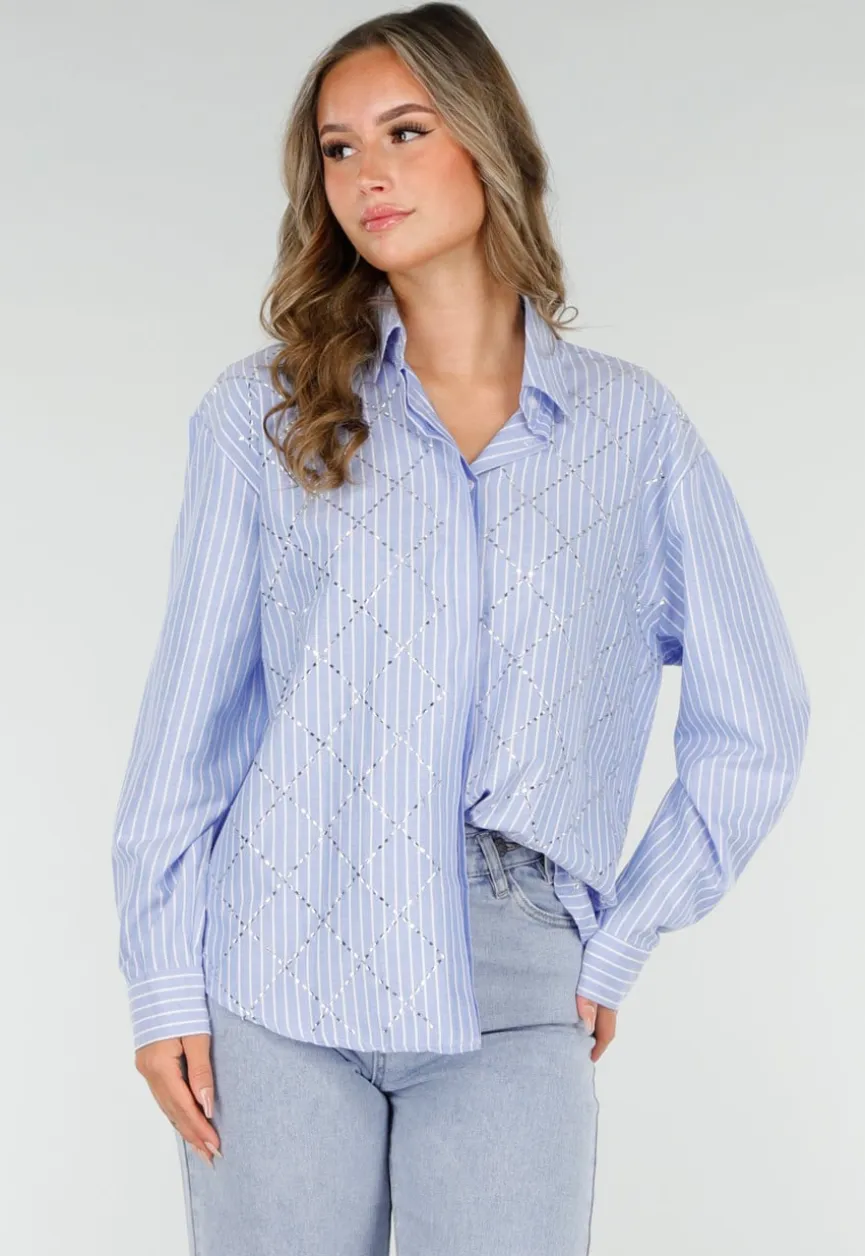Blauw-Wit Gestreepte Blouse met Strass Steentjes
