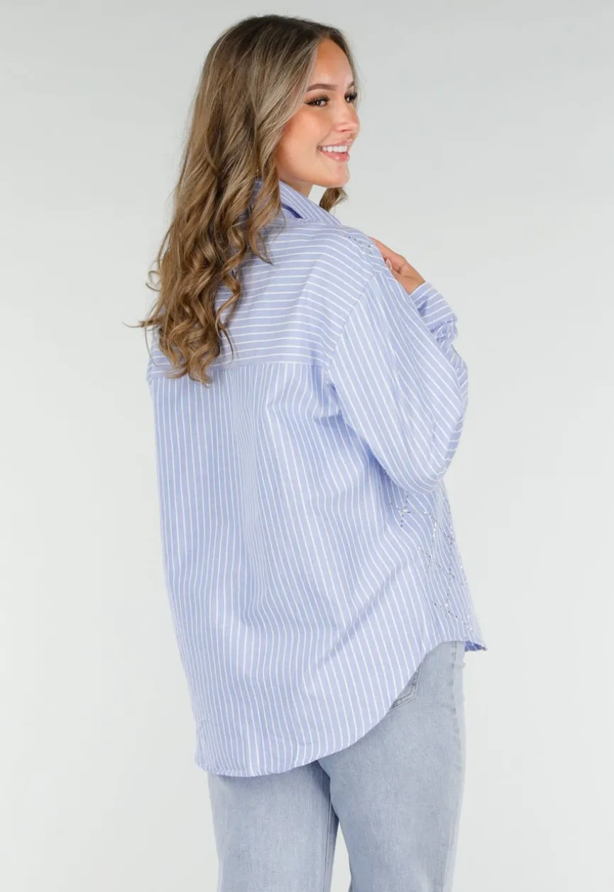 Blauw-Wit Gestreepte Blouse met Strass Steentjes
