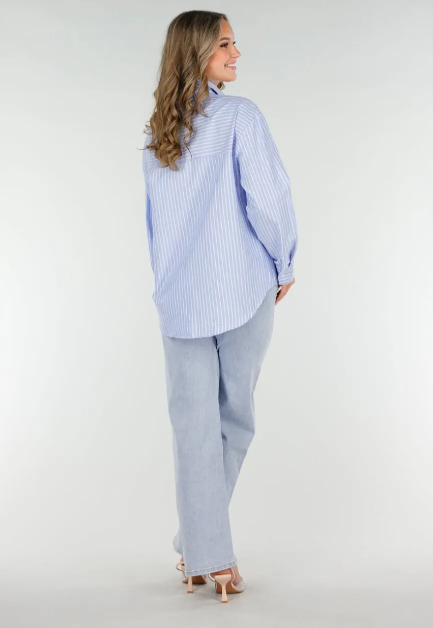 Blauw-Wit Gestreepte Blouse met Strass Steentjes