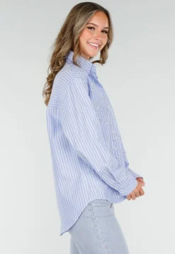 Blauw-Wit Gestreepte Blouse met Strass Steentjes