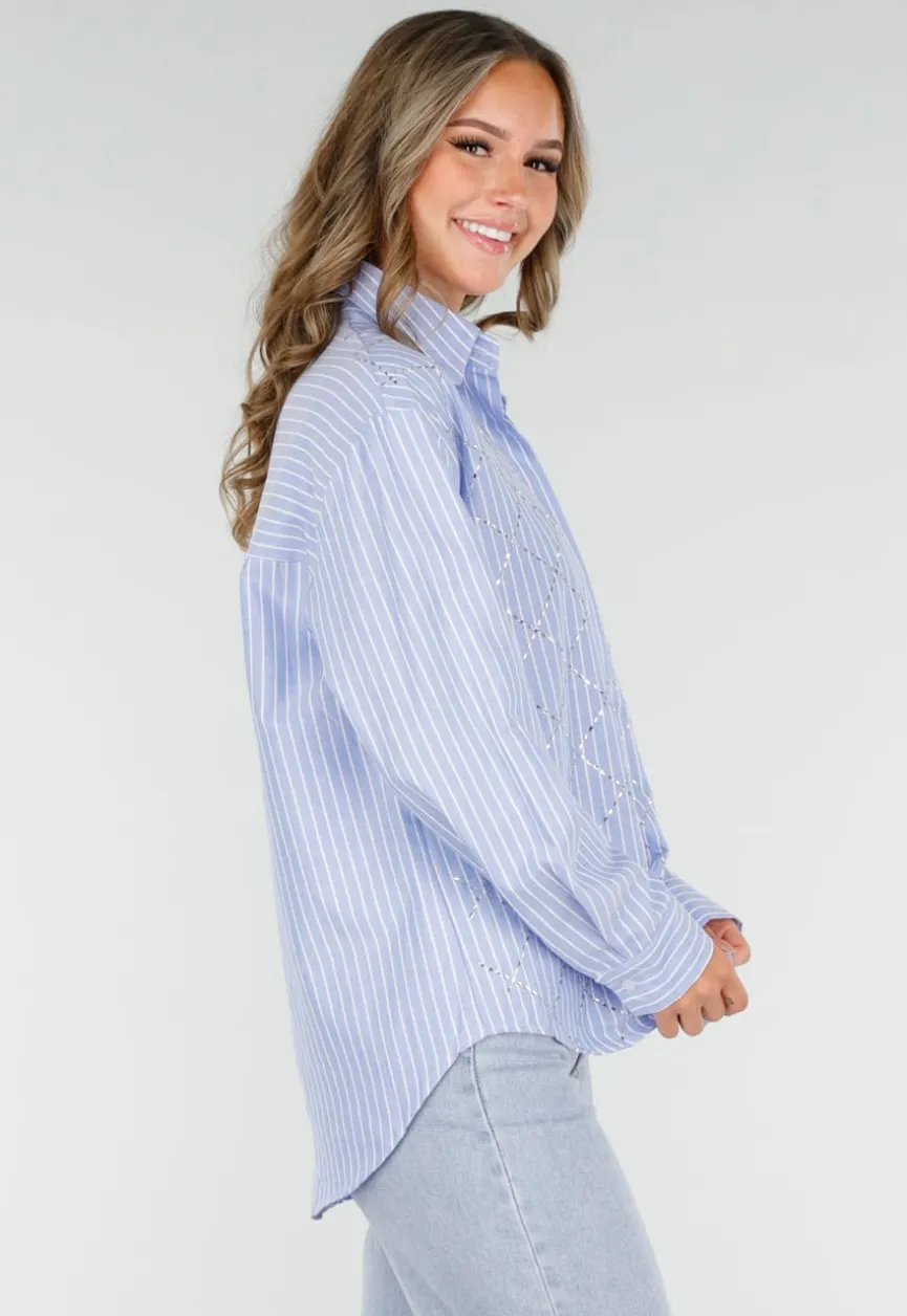 Blauw-Wit Gestreepte Blouse met Strass Steentjes