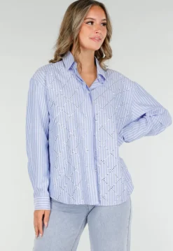 Blauw-Wit Gestreepte Blouse met Strass Steentjes
