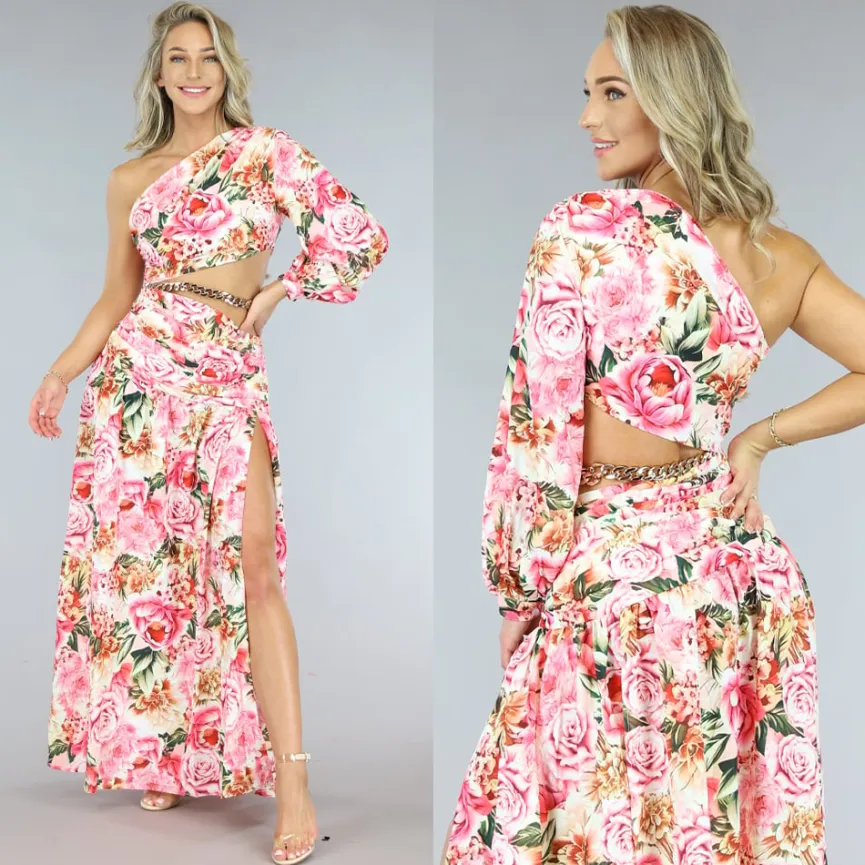 Bloemenprint Maxi Jurk met One Shoulder en Cut Outs