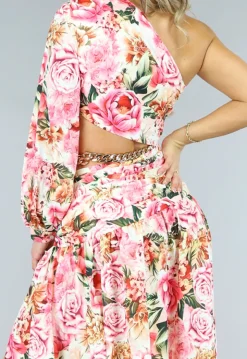 Bloemenprint Maxi Jurk met One Shoulder en Cut Outs