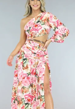 Bloemenprint Maxi Jurk met One Shoulder en Cut Outs