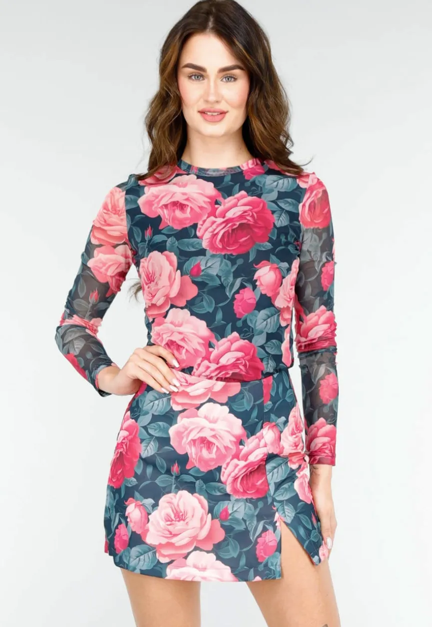 Bloemenprint Two-piece met Lange Mouwen en Skort