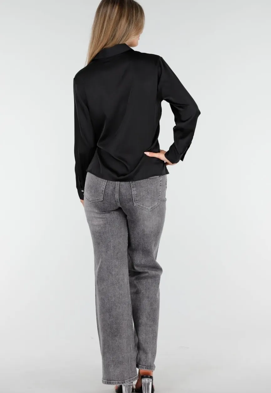 Blouse met Lange Mouwen en Satijn Effect Zwart