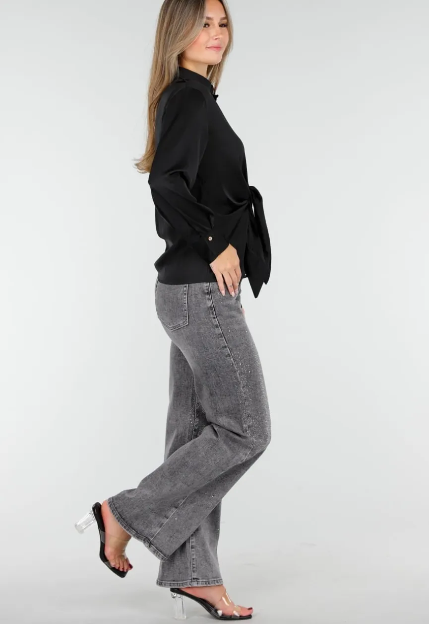 Blouse met Lange Mouwen en Satijn Effect Zwart