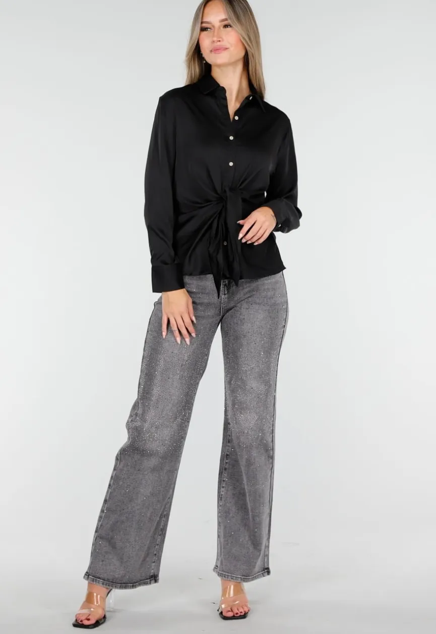 Blouse met Lange Mouwen en Satijn Effect Zwart