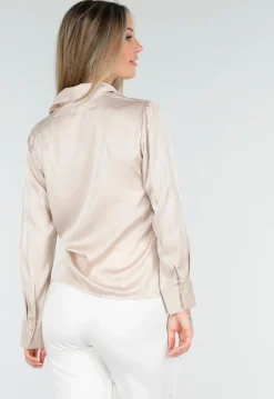 Blouse met Lange Mouwen in Beige Satijn