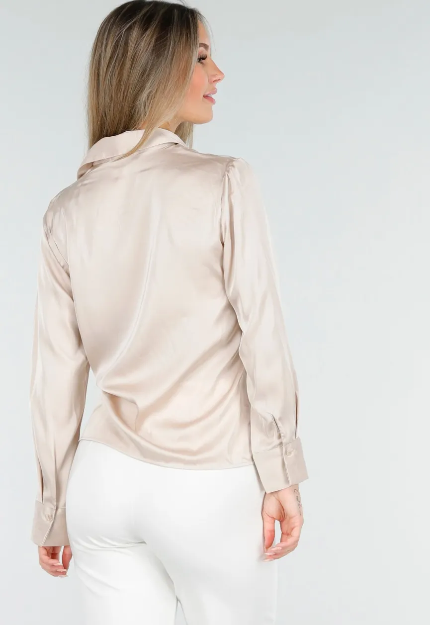 Blouse met Lange Mouwen in Beige Satijn