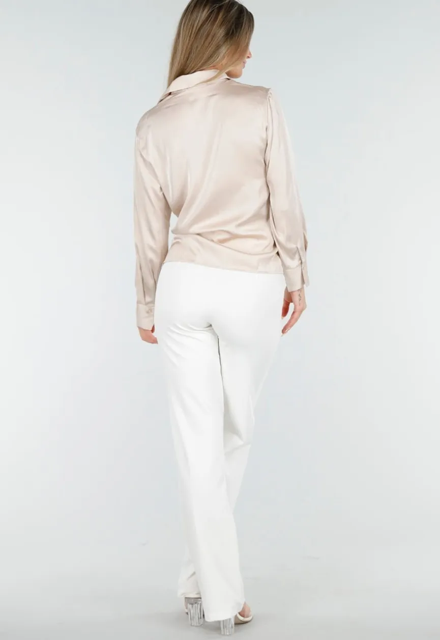Blouse met Lange Mouwen in Beige Satijn