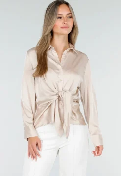 Blouse met Lange Mouwen in Beige Satijn