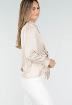 Blouse met Lange Mouwen in Beige Satijn