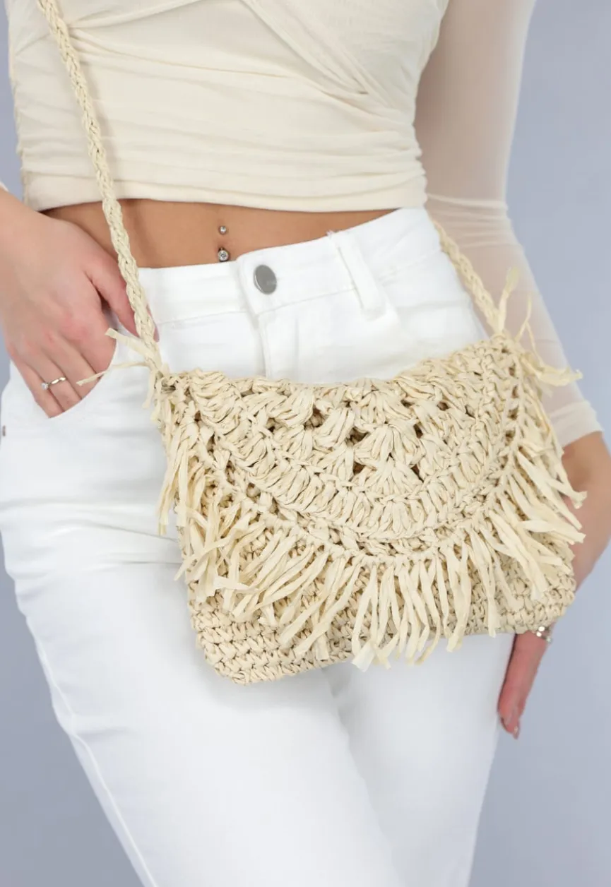 Bohemian Beige Stro Tas met Gevlochten Schouderband