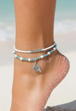 Bohemian Enkelbandje met Witte en Blauwe Kralen en Zilveren Dromenvanger Bedel