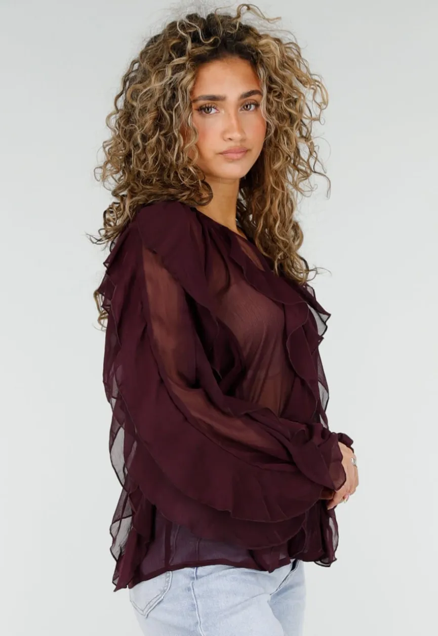 Bordeaux Chiffon Blouse met Ruffles en Lange Mouwen
